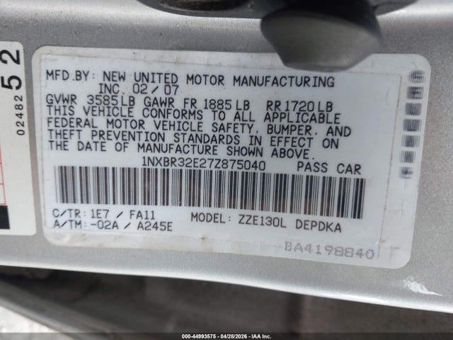 Продаж на аукціоні авто 2007 Toyota Corolla Ce, vin: 1NXBR32E27Z875040, номер лоту: 44993575