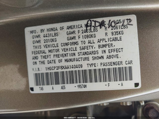 Aukcja sprzedaży 2010 Honda Accord 2.4 Ex-l, vin: 1HGCP2F8XAA140409, numer aukcji: 44993577