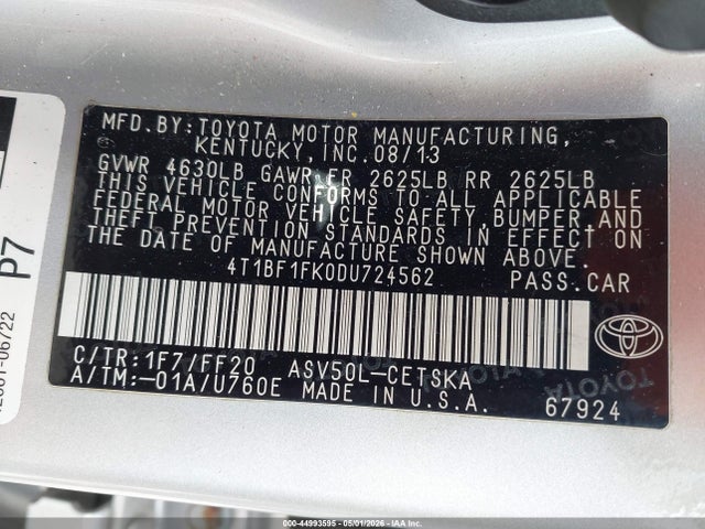 44993595 :رقم المزاد ، 4T1BF1FK0DU724562 vin ، 2013 Toyota Camry L/se/le/xle مزاد بيع