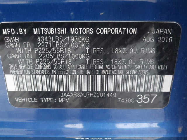 Продаж на аукціоні авто 2017 Mitsubishi Outlander Sport 2.0 Le, vin: JA4AR3AU7HZ001449, номер лоту: 44993599