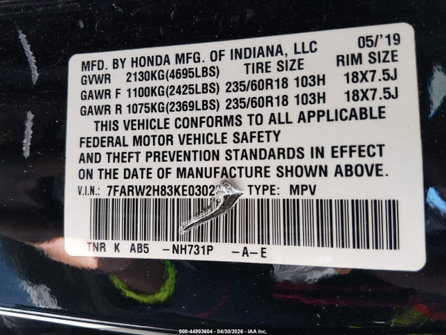 2019 Honda Cr-v Ex-l მანქანა იყიდება აუქციონზე, vin: 7FARW2H83KE030209, აუქციონის ნომერი: 44993604