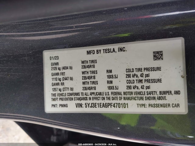 44993605 :رقم المزاد ، 5YJ3E1EA6PF470101 vin ، 2023 Tesla Model 3 Rear-wheel Drive مزاد بيع