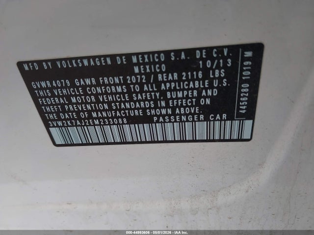 44993606 :رقم المزاد ، 3VW2K7AJ2EM233088 vin ، 2014 Volkswagen Jetta 2.0l S مزاد بيع