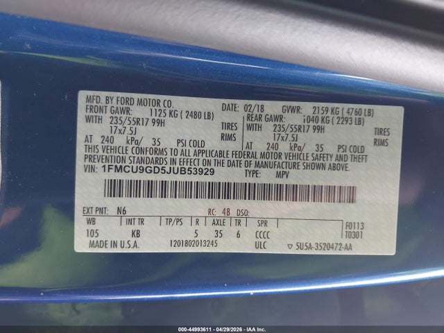 44993611 :رقم المزاد ، 1FMCU9GD5JUB53929 vin ، 2018 Ford Escape Se مزاد بيع