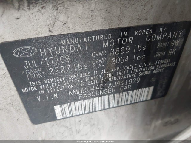 Aukcja sprzedaży 2010 Hyundai Elantra Gls, vin: KMHDU4AD1AU841829, numer aukcji: 44993614
