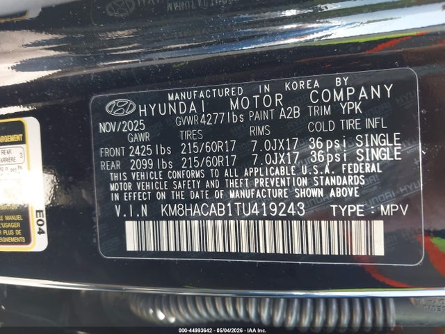 2026 Hyundai Kona Se მანქანა იყიდება აუქციონზე, vin: KM8HACAB1TU419243, აუქციონის ნომერი: 44993642