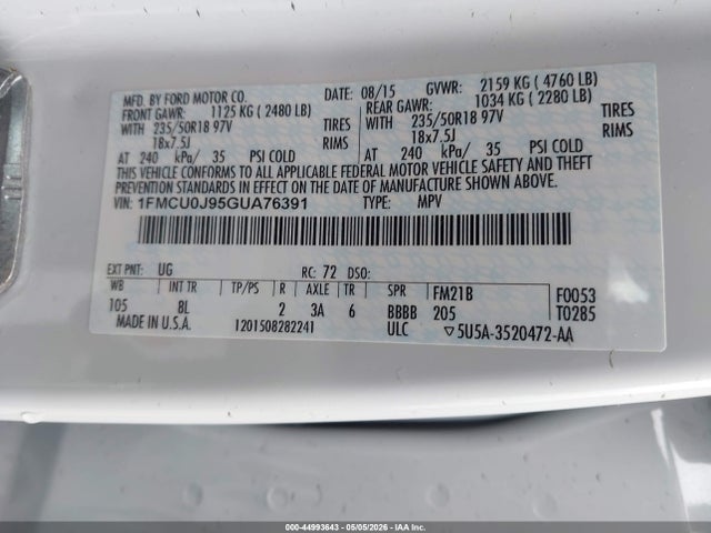 Продаж на аукціоні авто 2016 Ford Escape Titanium, vin: 1FMCU0J95GUA76391, номер лоту: 44993643