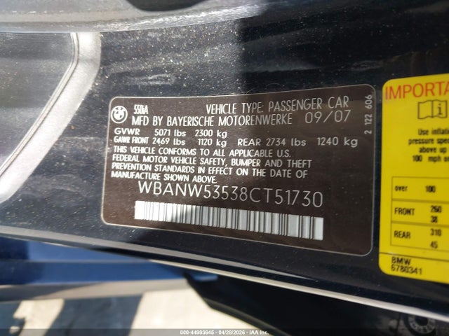 44993645 :رقم المزاد ، WBANW53538CT51730 vin ، 2008 Bmw 550i مزاد بيع