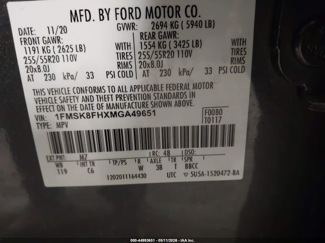 Aukcja sprzedaży 2021 Ford Explorer Limited, vin: 1FMSK8FHXMGA49651, numer aukcji: 44993651