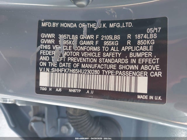 SHHFK7H65HU230280 Honda CIVIC EX