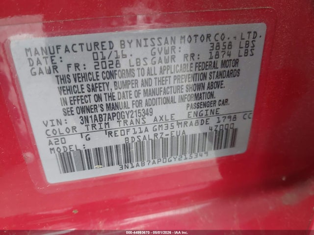 Aukcja sprzedaży 2016 Nissan Sentra Sr, vin: 3N1AB7AP0GY215349, numer aukcji: 44993670