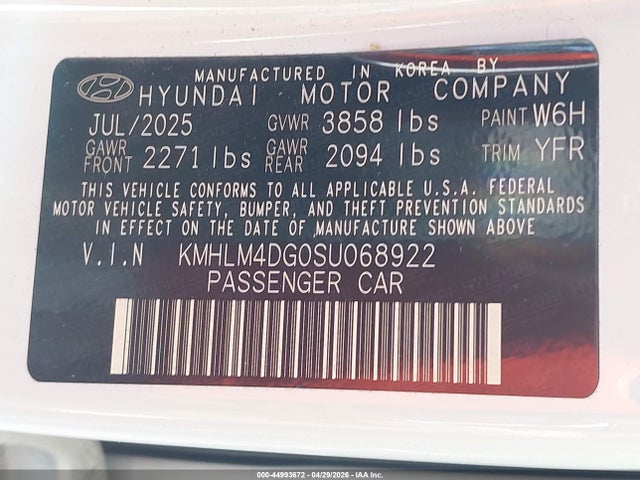 44993672 :رقم المزاد ، KMHLM4DG0SU068922 vin ، 2025 Hyundai Elantra Sel Sport مزاد بيع