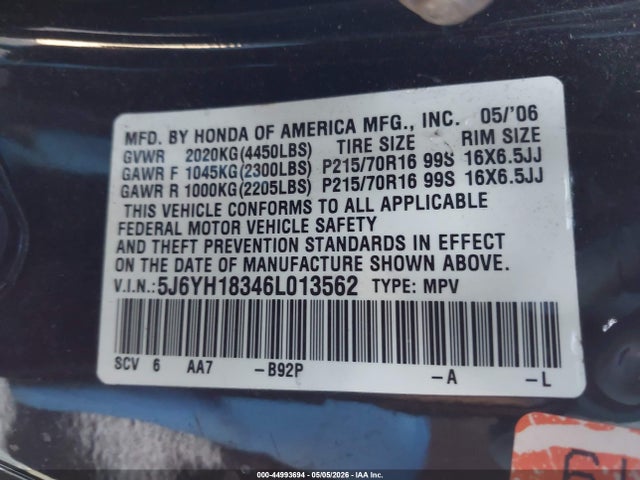 44993694 :رقم المزاد ، 5J6YH18346L013562 vin ، 2006 Honda Element Lx مزاد بيع