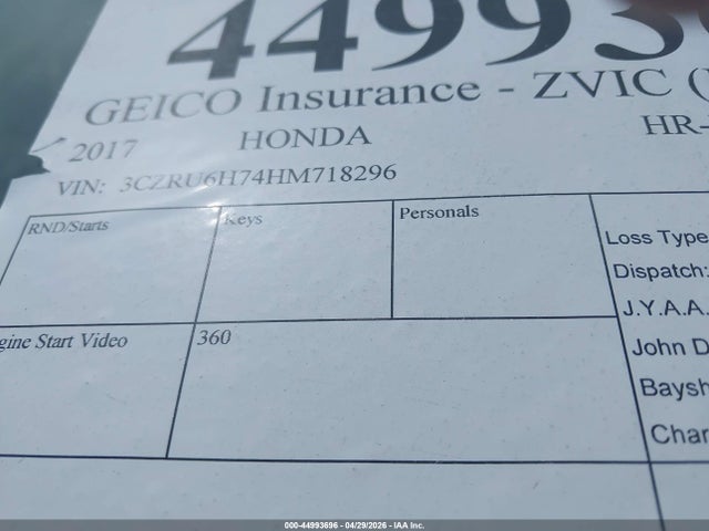 Aukcja sprzedaży 2017 Honda Hr-v Ex-l, vin: 3CZRU6H74HM718296, numer aukcji: 44993696