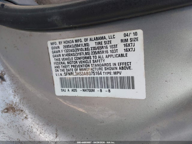 Aukcja sprzedaży 2010 Honda Odyssey Ex, vin: 5FNRL3H53AB075164, numer aukcji: 44993697