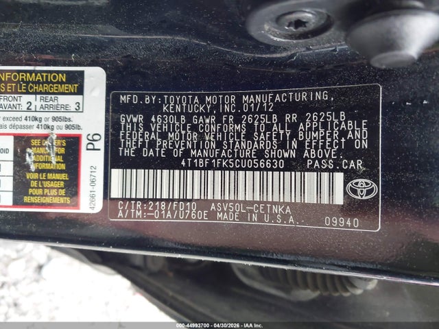 Продаж на аукціоні авто 2012 Toyota Camry Le, vin: 4T1BF1FK5CU056630, номер лоту: 44993700