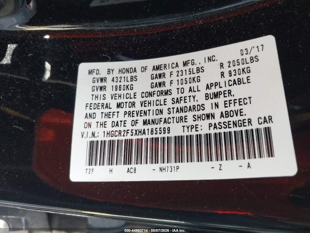 Продажа на аукционе авто 2017 Honda Accord Sport, vin: 1HGCR2F5XHA185599, номер лота: 44993714