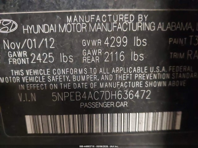 Aukcja sprzedaży 2013 Hyundai Sonata Gls, vin: 5NPEB4AC7DH636472, numer aukcji: 44993718