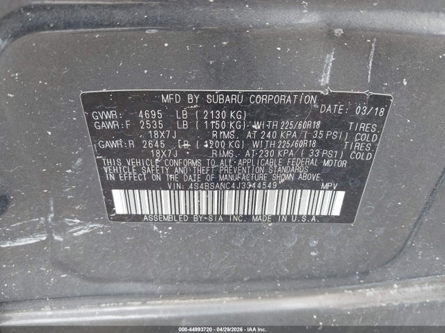 Продаж на аукціоні авто 2018 Subaru Outback 2.5i Limited, vin: 4S4BSANC4J3344549, номер лоту: 44993720