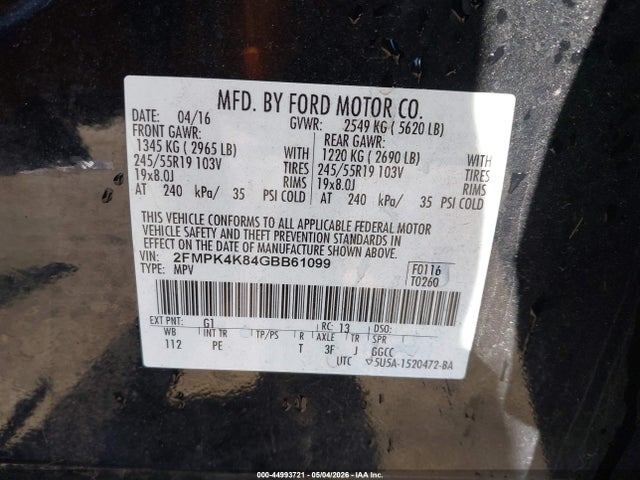 Aukcja sprzedaży 2016 Ford Edge Titanium, vin: 2FMPK4K84GBB61099, numer aukcji: 44993721