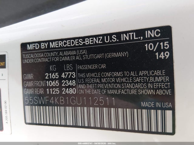 Aukcja sprzedaży 2016 Mercedes-benz C 300 4matic, vin: 55SWF4KB1GU112511, numer aukcji: 44993741