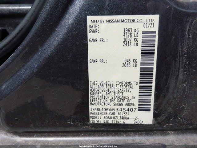 Aukcja sprzedaży 2021 Nissan Altima Sv Fwd, vin: 1N4BL4DV5MN345407, numer aukcji: 44993743