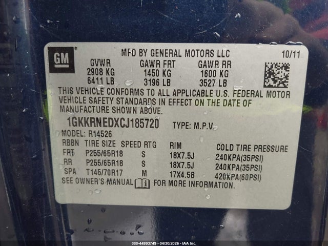 2012 Gmc Acadia Sl მანქანა იყიდება აუქციონზე, vin: 1GKKRNEDXCJ185720, აუქციონის ნომერი: 44993749