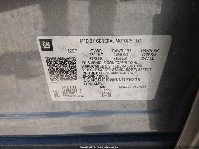 2018 Chevrolet Traverse 1lt მანქანა იყიდება აუქციონზე, vin: 1GNERGKW0JJ176216, აუქციონის ნომერი: 44993775