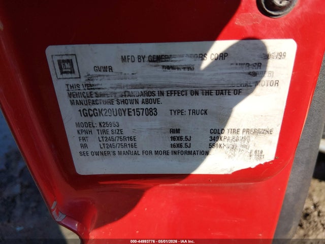 Aukcja sprzedaży 2000 Chevrolet Silverado 2500, vin: 1GCGK29U0YE157083, numer aukcji: 44993776