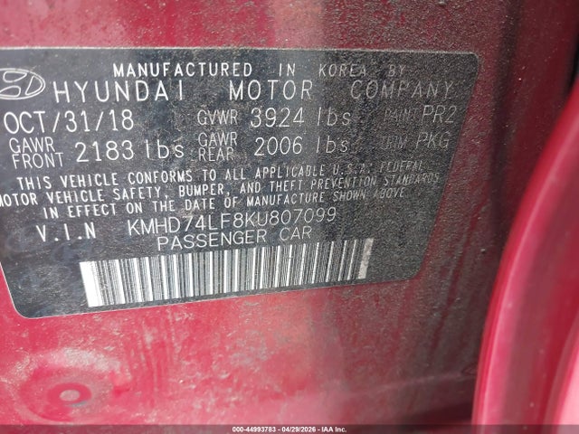 44993783 :رقم المزاد ، KMHD74LF8KU807099 vin ، 2019 Hyundai Elantra Se مزاد بيع