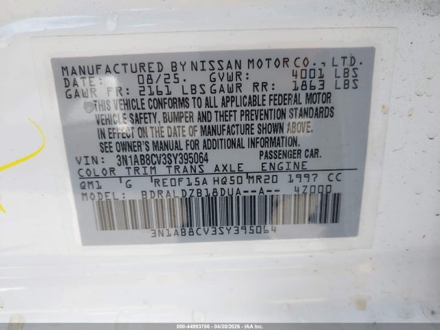 2025 Nissan Sentra Sv მანქანა იყიდება აუქციონზე, vin: 3N1AB8CV3SY395064, აუქციონის ნომერი: 44993786