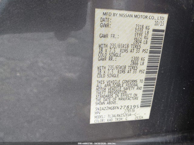 44993788 :رقم المزاد ، 5N1AZ2MG8FN278195 vin ، 2015 Nissan Murano Sl مزاد بيع