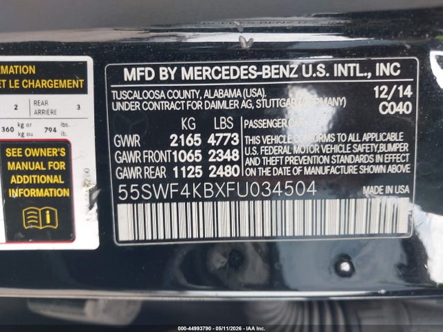 44993790 :رقم المزاد ، 55SWF4KBXFU034504 vin ، 2015 Mercedes-benz C 300 4matic مزاد بيع