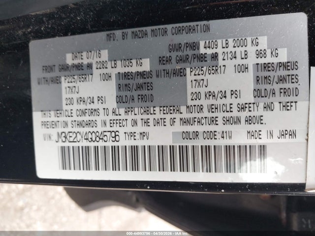 Aukcja sprzedaży 2016 Mazda Cx-5 Touring, vin: JM3KE2CY4G0845796, numer aukcji: 44993796