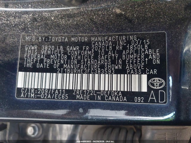 Aukcja sprzedaży 2015 Toyota Corolla L, vin: 2T1BURHE3FC383593, numer aukcji: 44993803