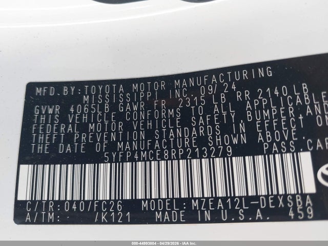 Aukcja sprzedaży 2024 Toyota Corolla Se, vin: 5YFP4MCE8RP213279, numer aukcji: 44993804