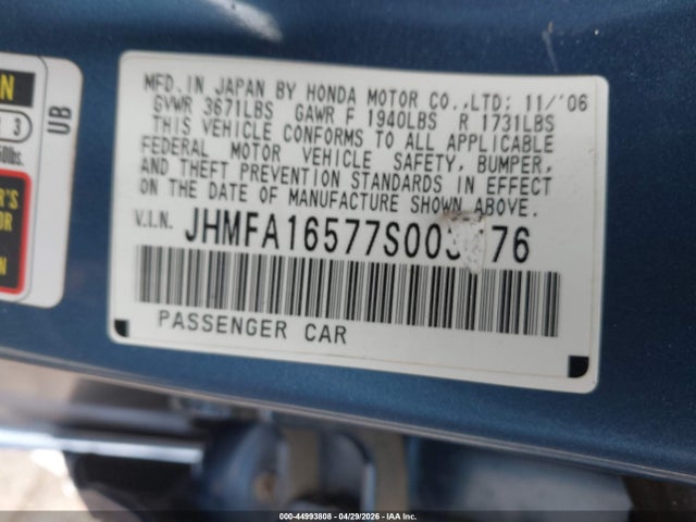44993808 :رقم المزاد ، JHMFA16577S003376 vin ، 2007 Honda Civic Lx مزاد بيع