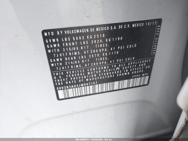 2018 Volkswagen Tiguan 2.0t Se/2.0t Sel მანქანა იყიდება აუქციონზე, vin: 3VV2B7AX4JM067157, აუქციონის ნომერი: 44993811