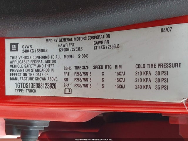 44993819 :رقم المزاد ، 1GTDS13E088123920 vin ، 2008 Gmc Canyon Sle1 مزاد بيع