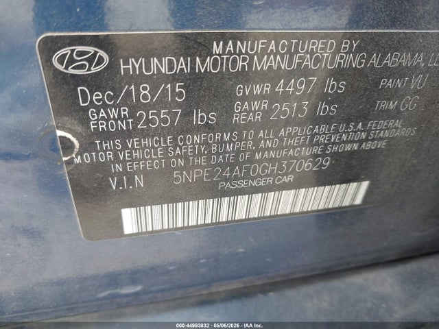 44993832 :رقم المزاد ، 5NPE24AF0GH370629 vin ، 2016 Hyundai Sonata Se مزاد بيع