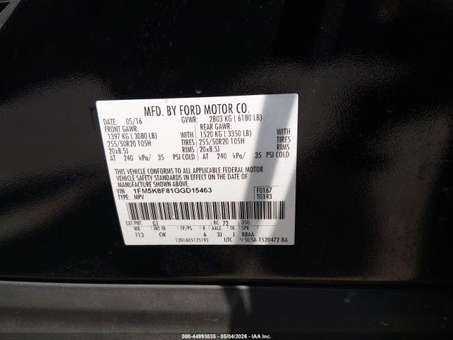 Продаж на аукціоні авто 2016 Ford Explorer Limited, vin: 1FM5K8F81GGD15463, номер лоту: 44993835