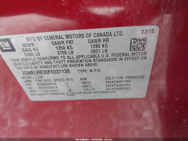 Продаж на аукціоні авто 2015 Chevrolet Equinox Ltz, vin: 2GNFLHE36F6331126, номер лоту: 44993841