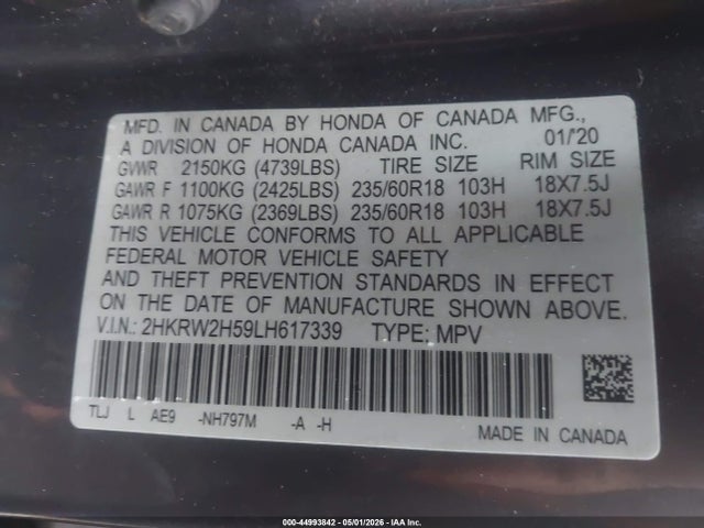 44993842 :رقم المزاد ، 2HKRW2H59LH617339 vin ، 2020 Honda Cr-v Awd Ex مزاد بيع