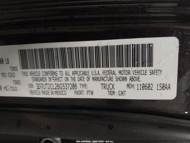 Продажа на аукционе авто 2011 Ram Ram 2500 Laramie, vin: 3D7UT2CL2BG537208, номер лота: 44993845