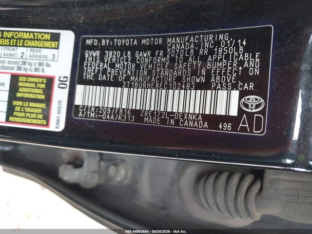44993854 :رقم المزاد ، 2T1BURHE8EC102483 vin ، 2014 Toyota Corolla Le مزاد بيع