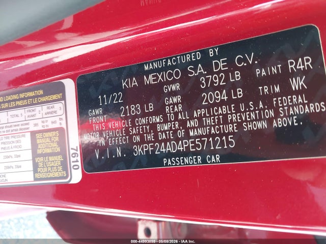 Продажа на аукционе авто 2023 Kia Forte Lxs, vin: 3KPF24AD4PE571215, номер лота: 44993855