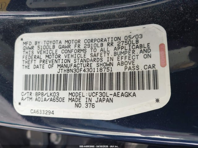 44993860 :رقم المزاد ، JTHBN30F430118751 vin ، 2003 Lexus Ls 430 مزاد بيع