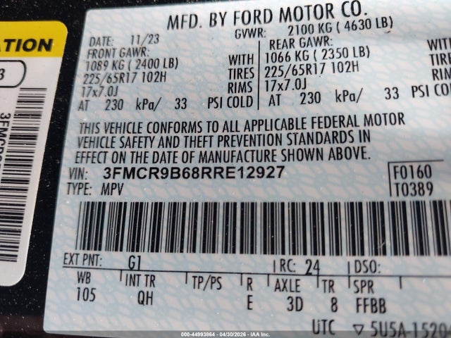2024 Ford Bronco Sport Big Bend მანქანა იყიდება აუქციონზე, vin: 3FMCR9B68RRE12927, აუქციონის ნომერი: 44993864