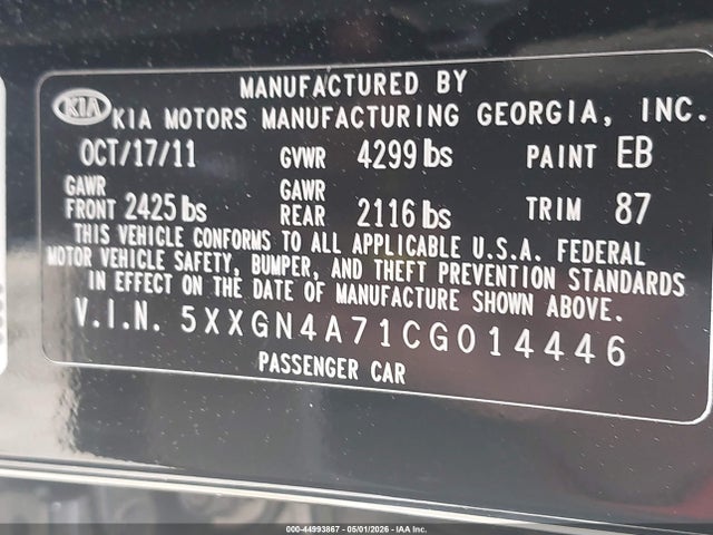Продаж на аукціоні авто 2012 Kia Optima Ex, vin: 5XXGN4A71CG014446, номер лоту: 44993867