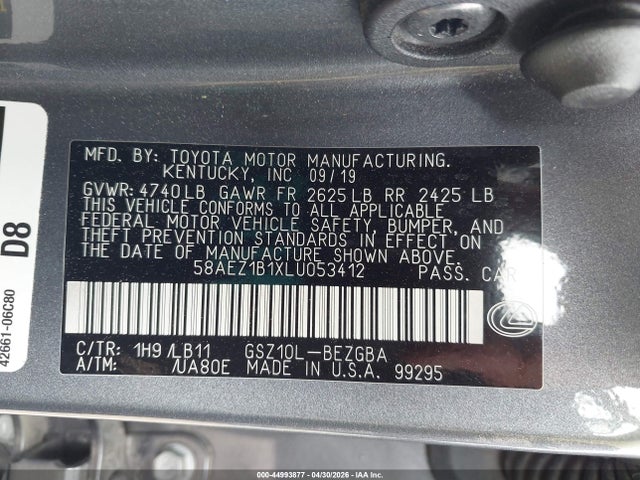 Aukcja sprzedaży 2020 Lexus Es 350 Luxury, vin: 58AEZ1B1XLU053412, numer aukcji: 44993877